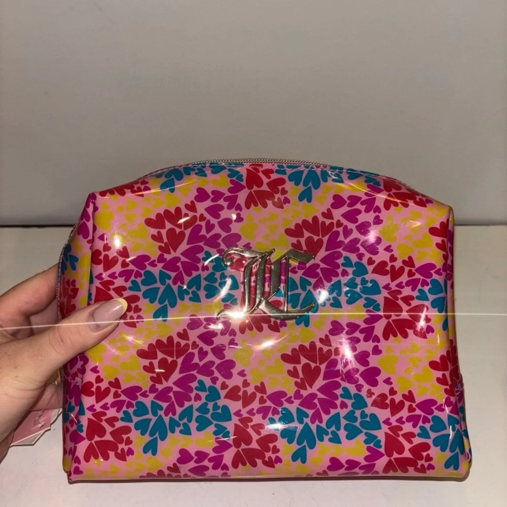 Juicy Couture PVC Cosmetic Makeup Wedge Bag Multi Hearts w/bottle NWT